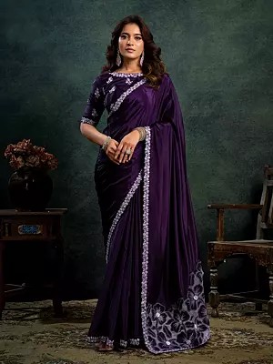 Premium Wedding Satin Silk Saree With Dual Sequins Embroidery Pearl And Applique Work Elegant Party Wear Saree For Women