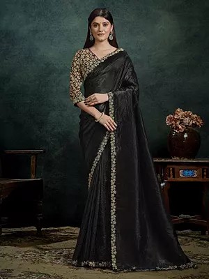 Designer Crush Paper Silk Saree With Elegant Moti Handwork Beautiful Traditional Craft For Women Party And Festive Wear
