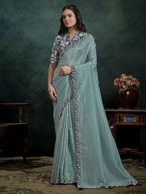 Beautifully Handcrafted Paper Silk Pleat Saree With Elegant Moti Handwork Perfect For Women Special Occasion Party And Festive Wear