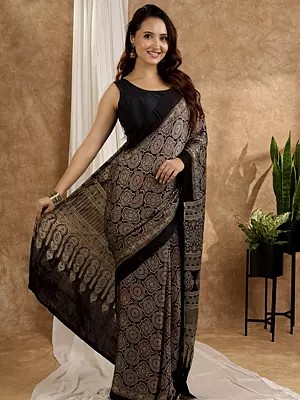 Digital Printed Border Original Semi Gajji Silk Saree with Contrast Blouse and Ajrakh Rich Pallu