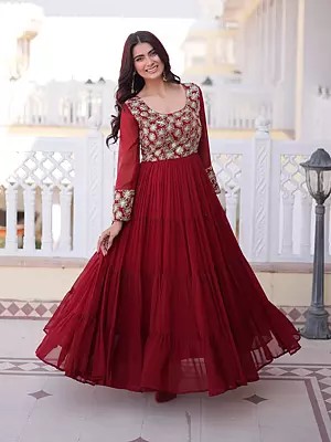 Embroidered Faux Blooming Georgette Sequins and Zari Work Designer Anarkali Gown Set with for Women