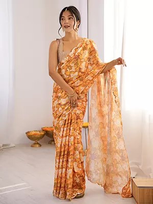 Designer Chinon Saree With Digital Print And Mirror Cut Work Elegant Festive Party Wear Traditional Saree For Women