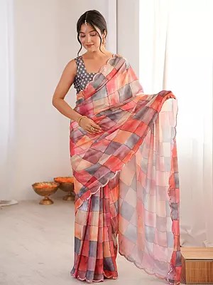 Elegant Chinon Saree With Digital Printed Design And Mirror Cut Work Perfect For Festive Party And Wedding Wear