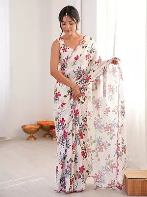 Elegant Chinon Saree With Soft Digital Print And Mirror Cut Work Perfect Choice For Festive Wear Party Styling