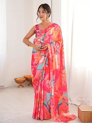 Vibrant Chinon Saree With Digital Print And Mirror Cut Work Perfect For Festive And Party Wear Special Occasions