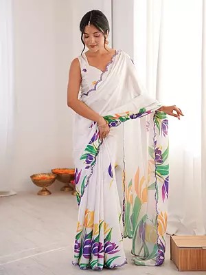 Chinon Saree With Floral Digital Print And Mirror Cut Work Ideal For Special Occasions And Festive Celebrations