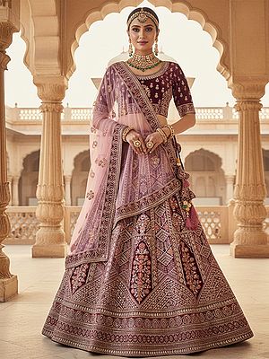 Elegant Velvet Lehenga Choli With Thread And Handwork Embroidery Stunning Dupatta For Bridal And Special Occasions