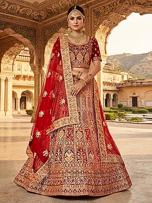Stunning Velvet Lehenga Choli With Thread And Handwork Embroidery Beautiful Dupatta For Bridal And Wedding Celebrations