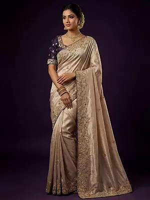 Festive Wear Designer Saree Crafted in Zari Tissue Silk with Sequins Embroidery Swarovski and Pearl Embellishment