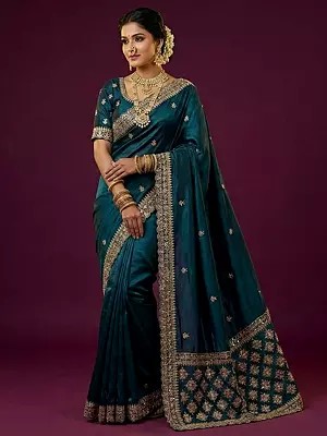 Elegant Traditional Saree in Zari Tissue Silk with Jaipuri Work and Stone Embellishment for Party Wear and Festive Occasions