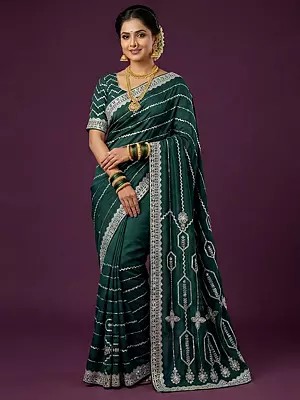 Premium Satin Silk Saree with Detailed Aari Embroidery Pearl and Stone Embellishment for Elegant Traditional Wear