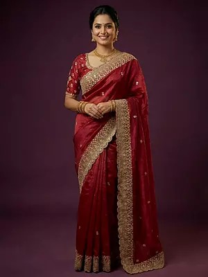 Wedding and Festive Wear Paper Satin Silk Saree with Swarovski and Scallop Zardozi Embroidery in Elegant Traditional Designer Style