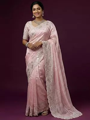 Luxury Heavy Mono Net Saree with Rich Multi Sequin Jaal Embroidery and Stone Handwork Grand Party Wear Wedding Saree