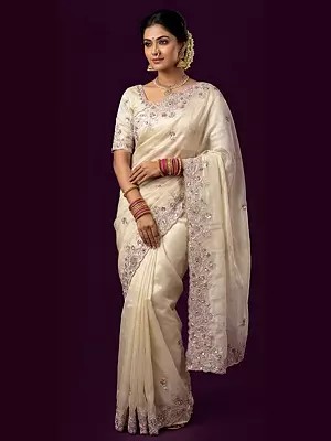 Zari Tissue Silk Saree with Dual Sequins Aari and Zardozi Handwork Crafted for Rich Wedding Party Wear and Festive Occasions