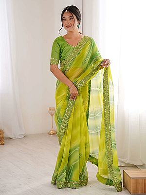 Graceful Georgette Chiffon Saree with Leheriya Gold Foil Print Offering a Lightweight Feel Perfect for Party Wear and Festive Occasions