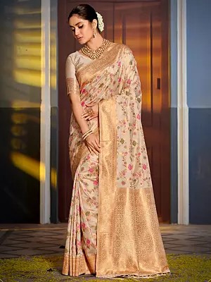 Floral Motifs Banarasi Silk Saree with Zari Woven Border and Tassel Rich Pallu