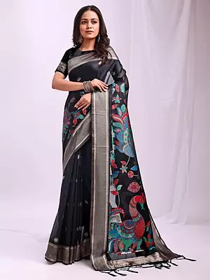 Linen Cotton Saree with Peacock Motifs Pallu and Tassels for Festive Occasion