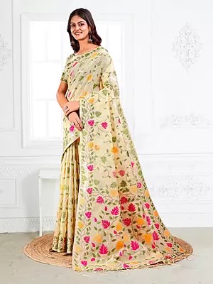 Floral Motifs Linen Cotton Saree with Tassels Pallu and Vine Border for Occasions