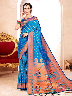Elegant Paithani Silk Saree with Peacock Motifs and Rich Contrast Zari Pallu