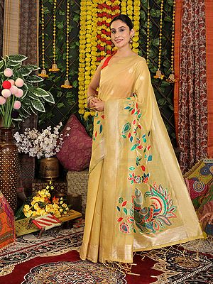 Traditional Yellow Saree with Zari Border and Peacock Motif Pallu