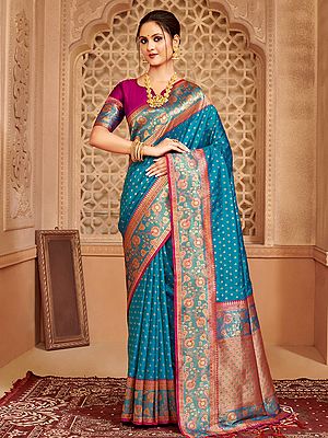 Designer Silk Saree with Small Buti and Floral Border – Perfect for Wedding Wear
