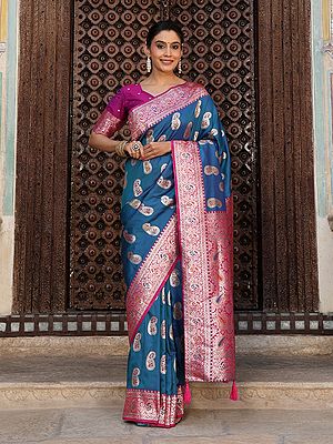 Festive Wear Paisley Motif Silk Saree with Rich Pallu and Floral Border