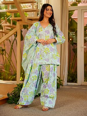 Sky-Blue Floral Printed Cambric Cotton Salwar Suit with Matching Dupatta