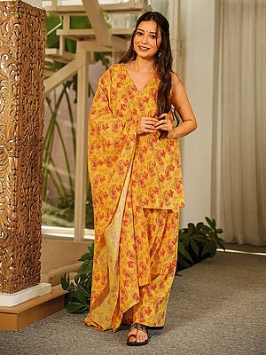 Mustard Yellow Cambric Cotton Suit Set with Floral Print and Dupatta