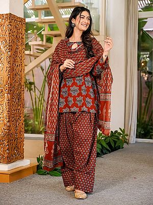 Floral Print Cotton Suit Set with Dupatta in Rich Maroon