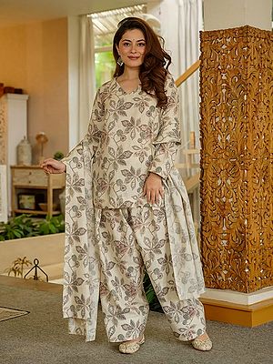 Off-White Printed Cotton Salwar Suit with Dupatta for Daily Ethnic Wear