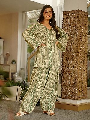Women's V-Neck Salwar Suit in Green Geometric Print Cambric Cotton