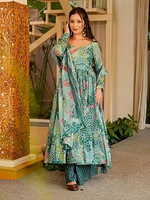 Women's Party Wear Anarkali Suit Set: Sky-Blue Cotton Silk with Digital Print & Dupatta