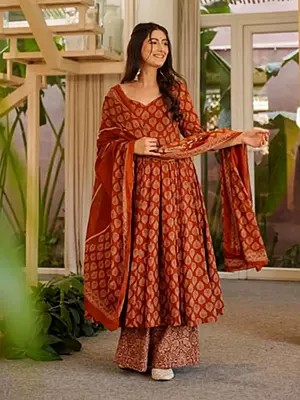 Anarkali Style Cotton Silk Kurta with Digital Print, Bottom, and Dupatta