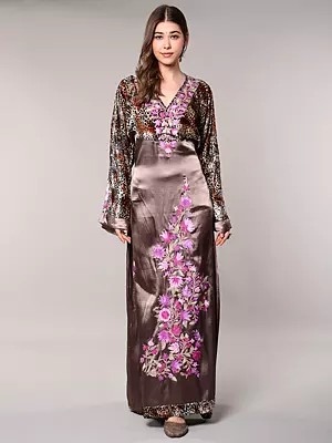 Kashmiri Aari Embroidered Floral Vine Taupe-Gray V-Neck Gown