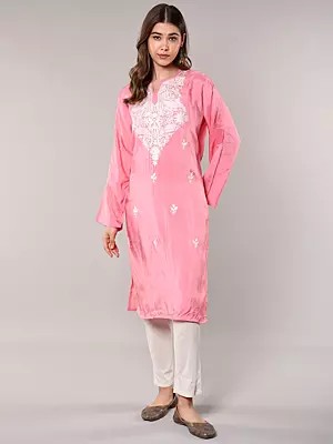 Art Silk Kurti with Floral Chain Stitch Embroidery