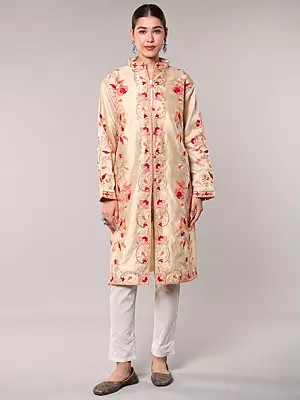 Art Silk Long Jacket with Multicolor Floral Embroidery
