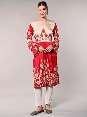Kashmiri Aari Embroidered Red and Cream Satin Dress with Floral Design