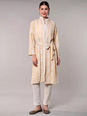 Short Crepe Robe with Aari Embroidered Flowers and Adjustable Dori Waist
