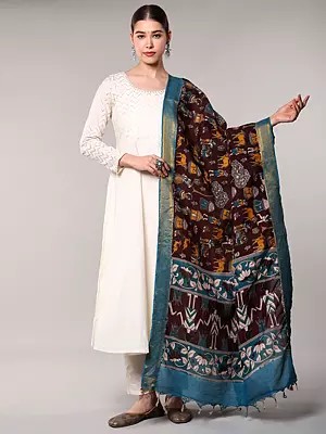 Printed Cotton-Silk Dupatta with Village Scenes and Zari Trim
