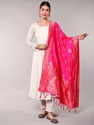 Pink Art Silk Banarasi Dupatta with Zari Brocaded Floral Patterns