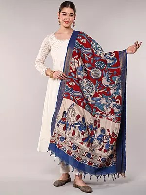 Printed Angels and Musical Group Kalamkari Dupatta with Zari Border