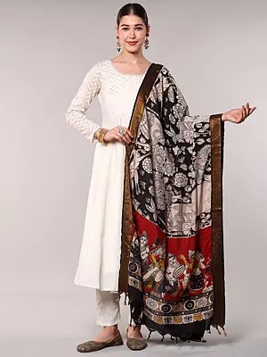 Printed Kalamkari Scarf Depicting Jungle Life and Musicians