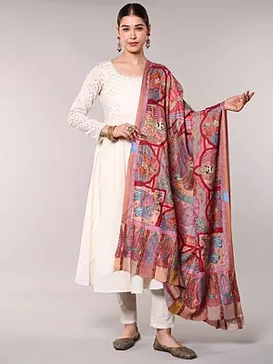 Woo Silk Shawl with Mughal Emperor Scene Embroidery