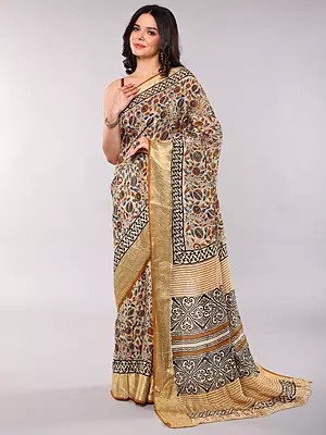 Dola Silk Saree with Cream Base, Floral Print & Zari Woven Border