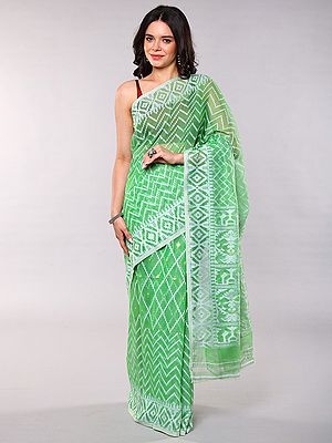 Summer-Green Cotton Jamdani Saree: Handwoven Chevron Design