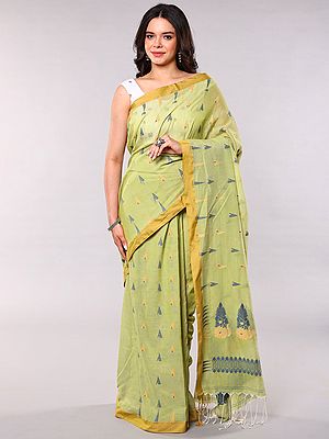 Leaf-Green Pure Cotton Saree with Woven Motifs from Bengal