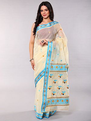 Transparent Yellow Tangail Handloom Pure Cotton Saree with Woven Flowers