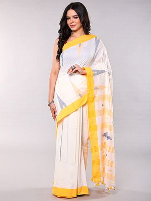 Handwoven Cotton Saree: Ivory with Temple Border and Stripes