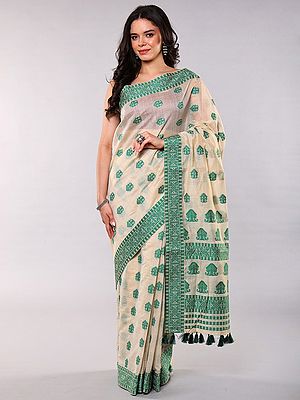 Traditional Woven Cotton Saree with Emerald Green Motifs and Border
