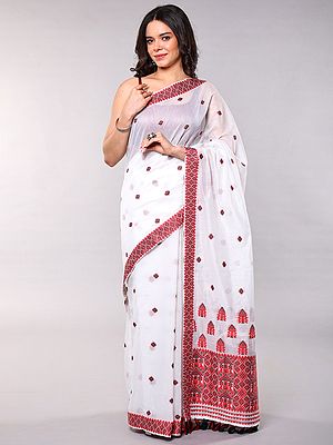 Traditional Assamese Pattern Cotton Saree - Handwoven White with Red Border